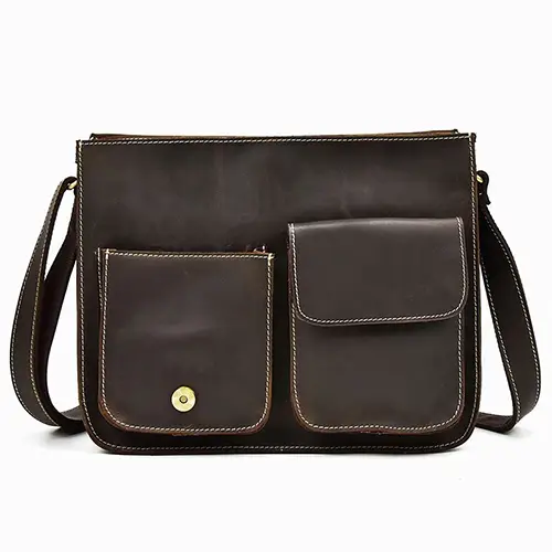 Premium Leather Messenger Bag with Multiple Front Pockets and Buckle Detail